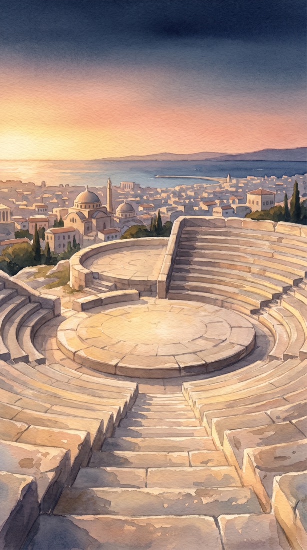 An ancient stone meeting place at sunset