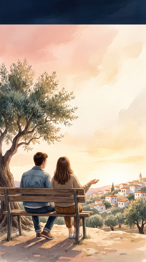 Two friends talking on a bench under an olive tree