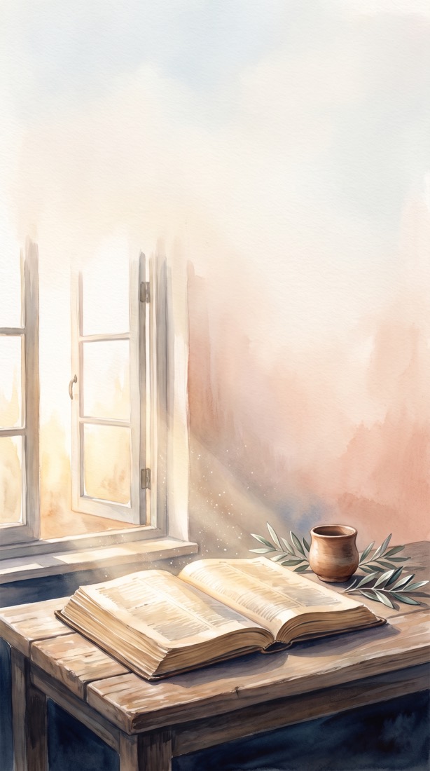 An open Bible by a window in the morning light